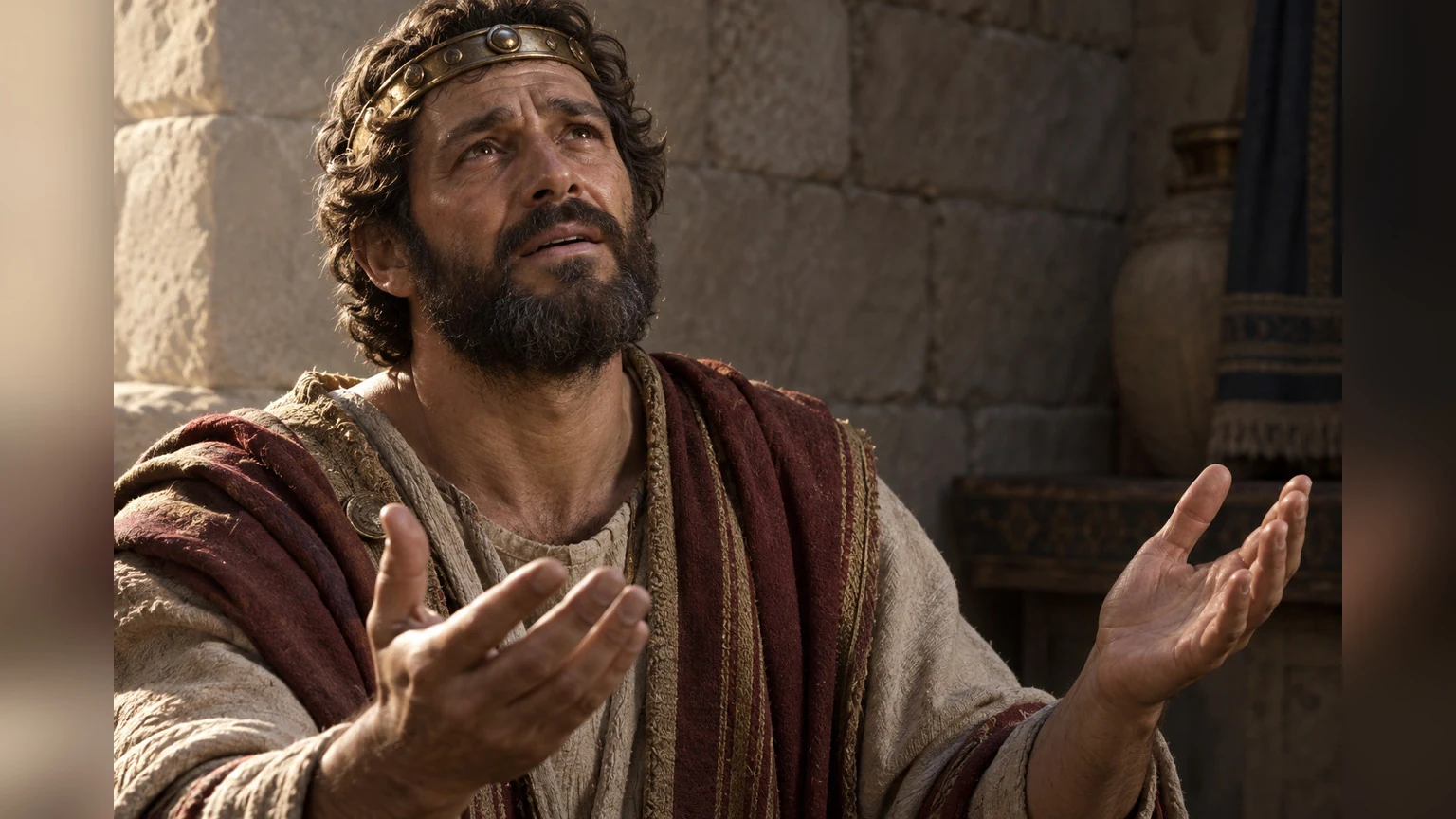David lifts open hands toward warm light.