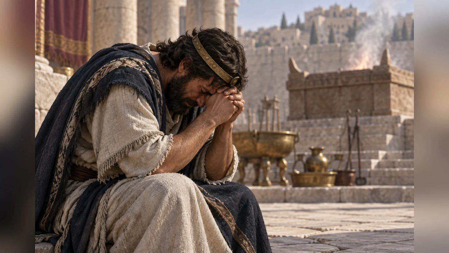 A bowed figure prays while sacrificial objects recede.