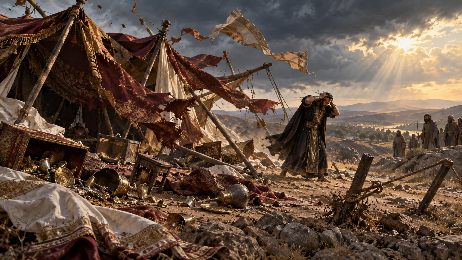 A wealthy man stands exposed as his tent is torn away.