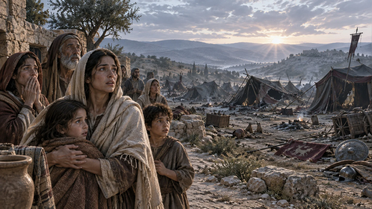 An abandoned encampment stands beyond a group of survivors.