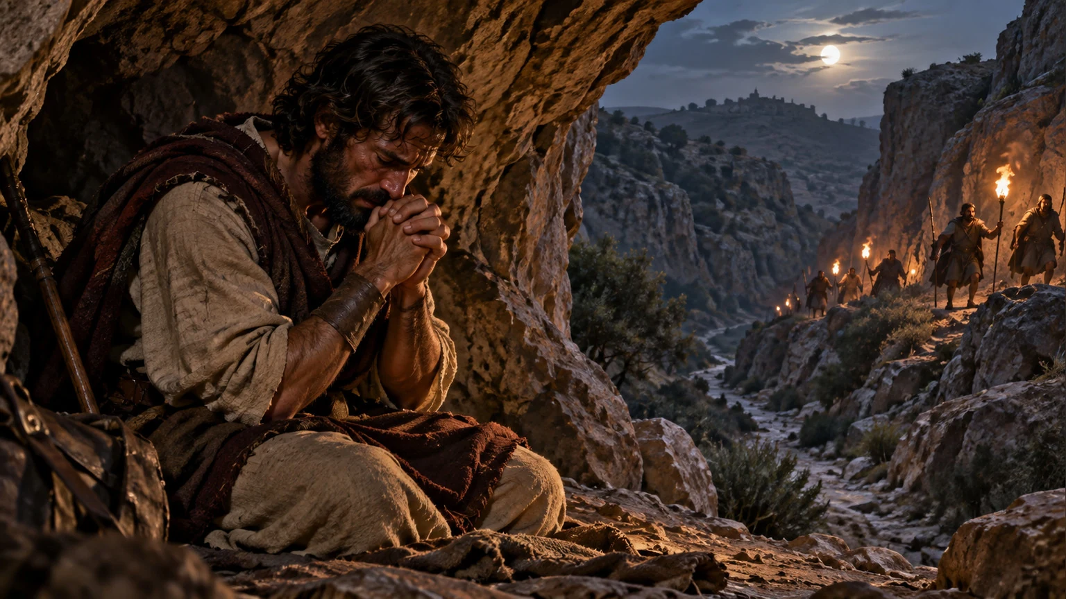 David prays in a cave while searchers approach.