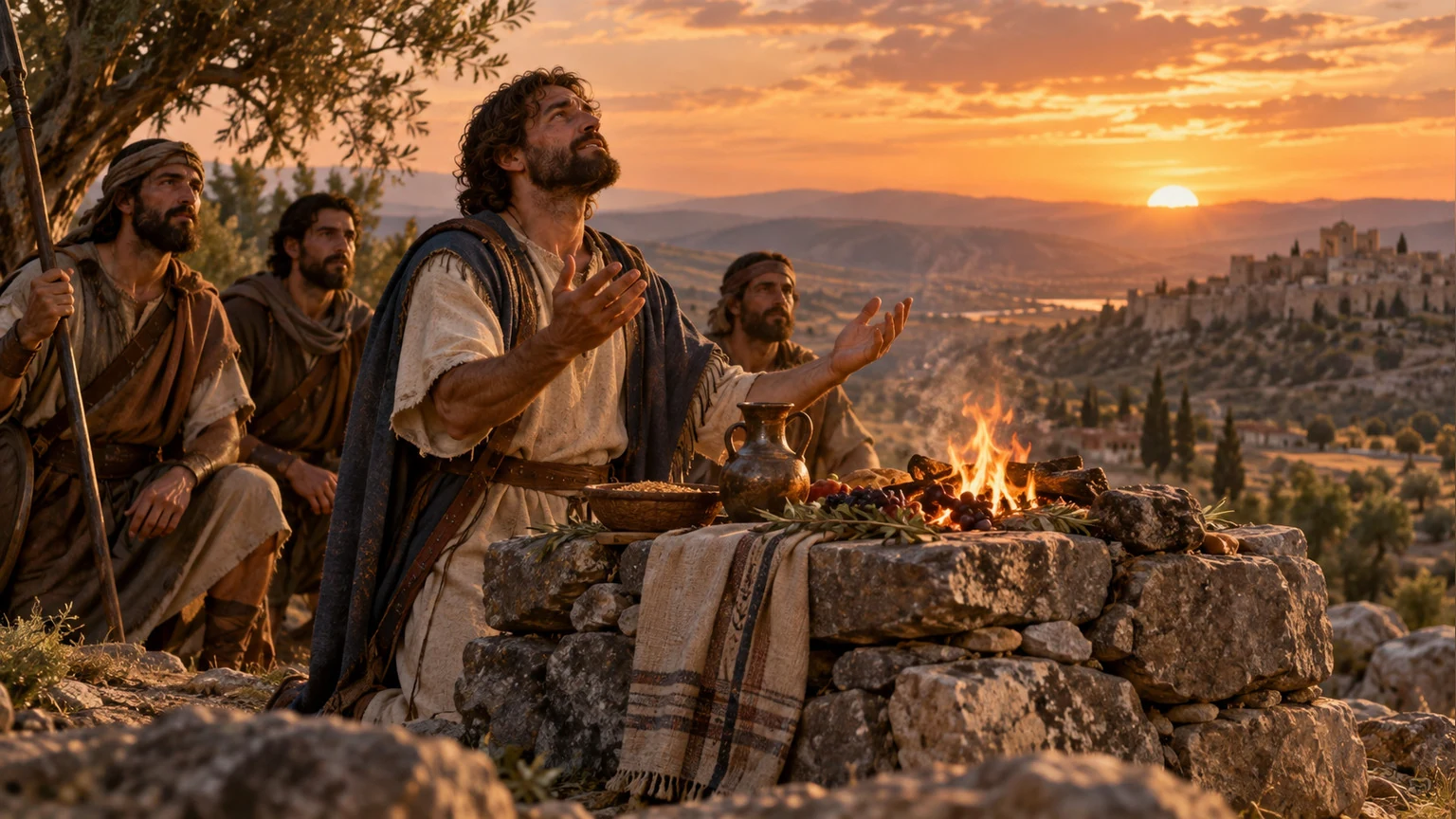 David gives thanks beside an outdoor altar.