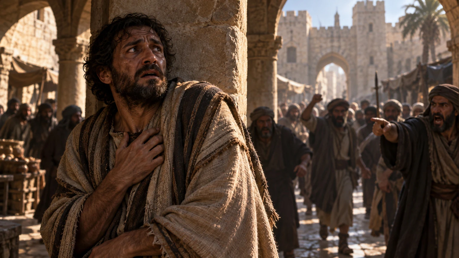A distressed man stands amid hostile city noise.