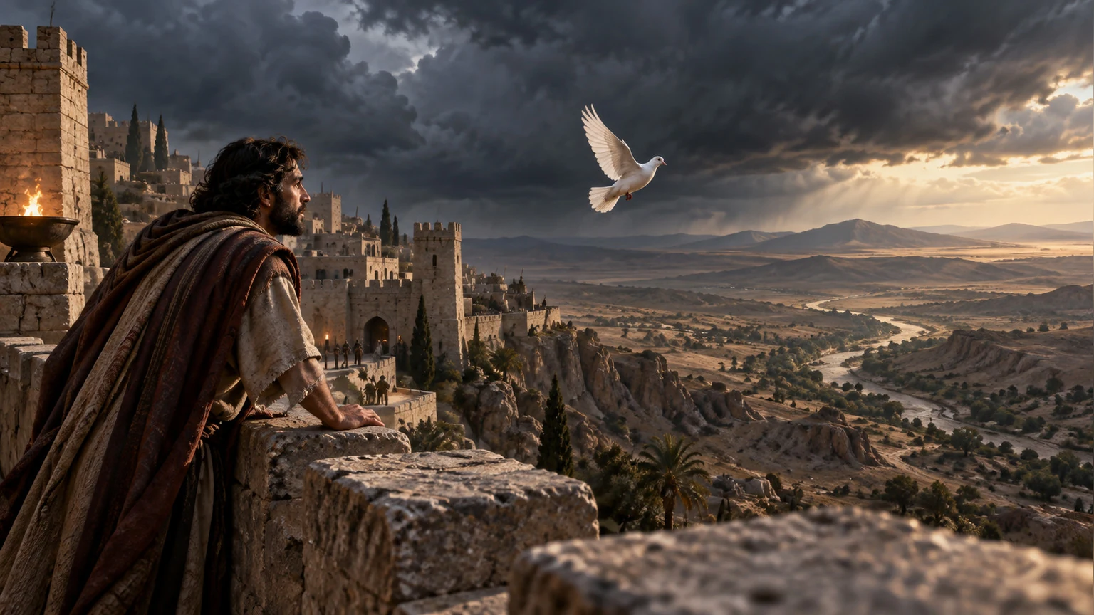 A dove flies from a troubled city toward the wilderness.