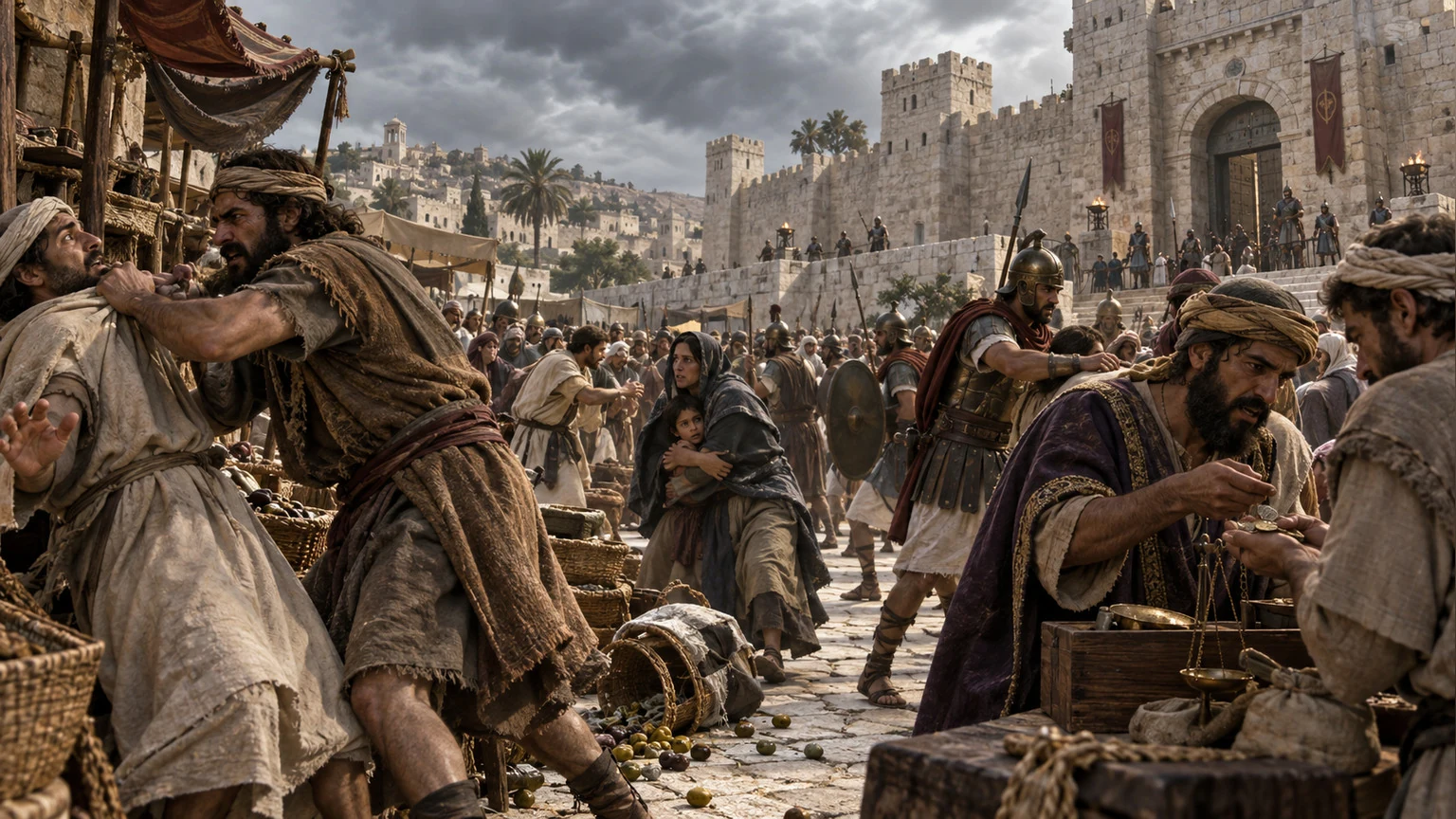 Violence and deceit fill the city square.