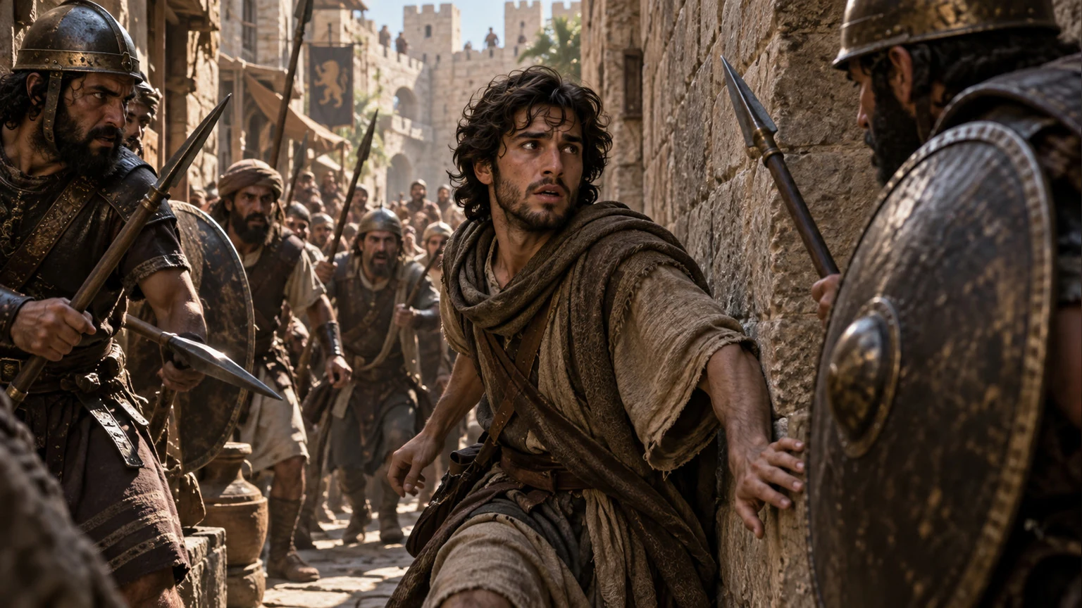 David is hemmed in by pursuers in a stone street.