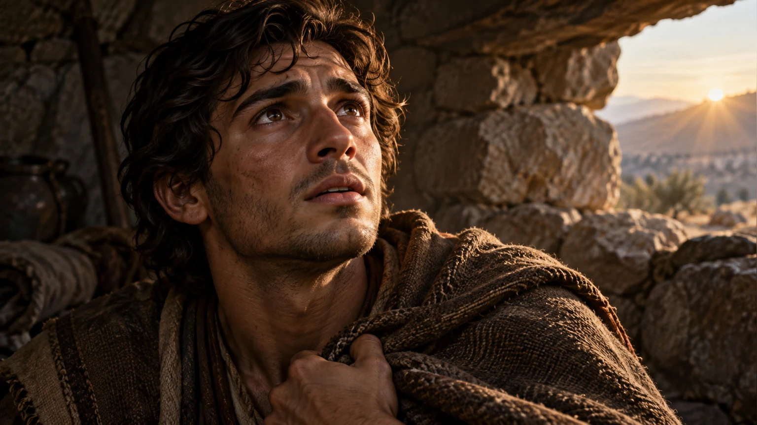 David steadies his gaze as light enters a shelter.