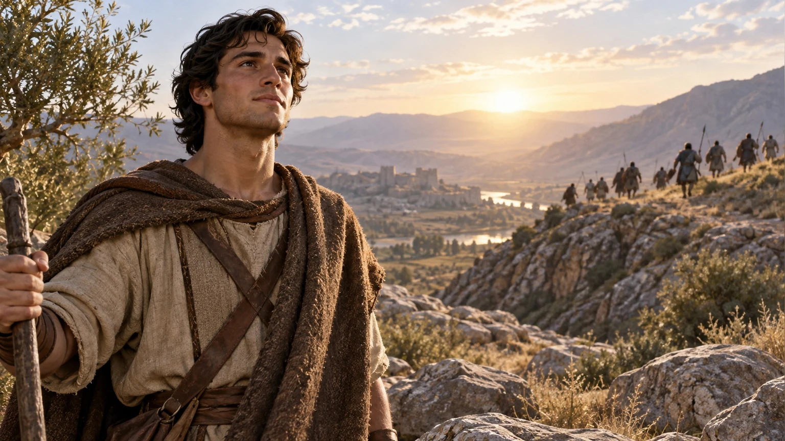 David stands calm while enemies retreat in the distance.