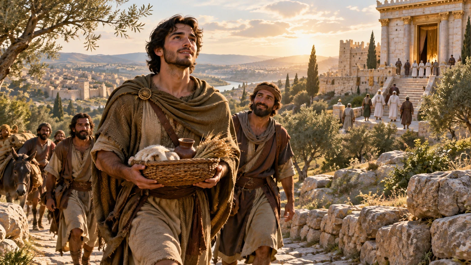 David walks a sunlit path with a thank offering.