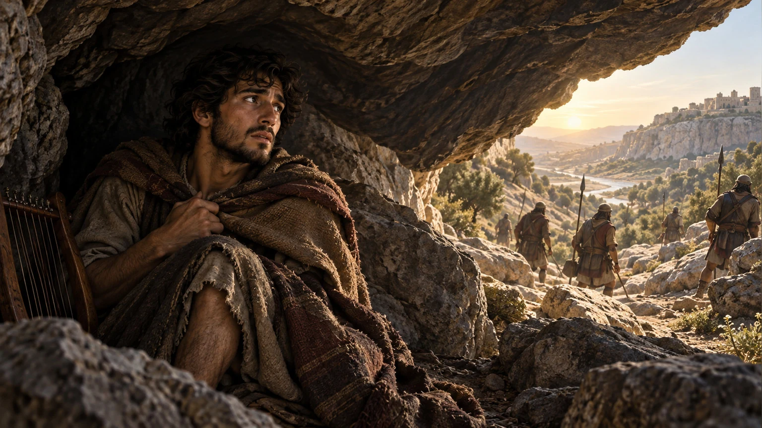 David shelters beneath wing-like cave shadows.