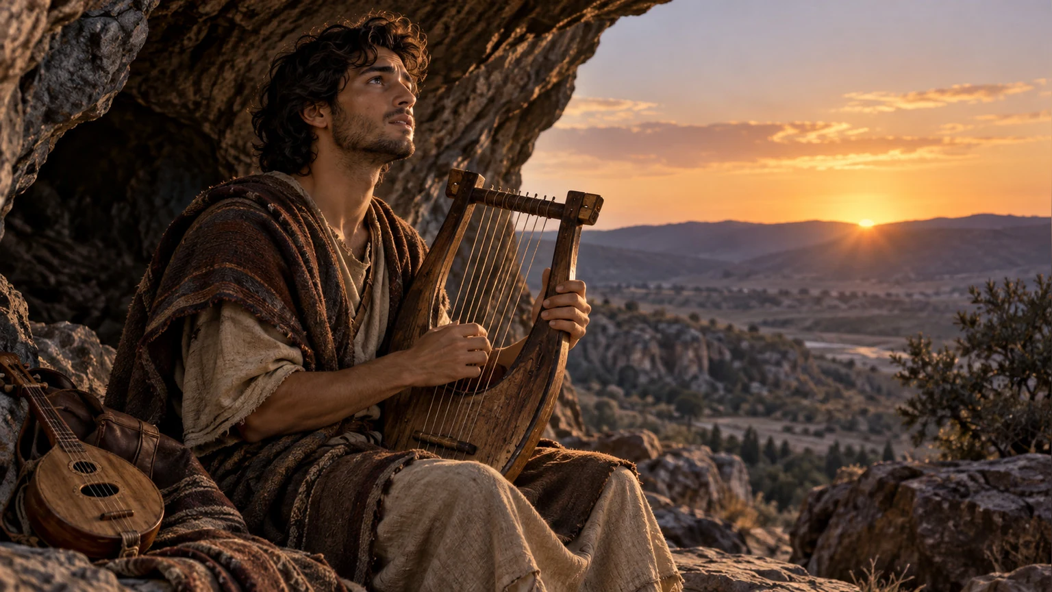 David raises a lyre at the cave mouth before sunrise.