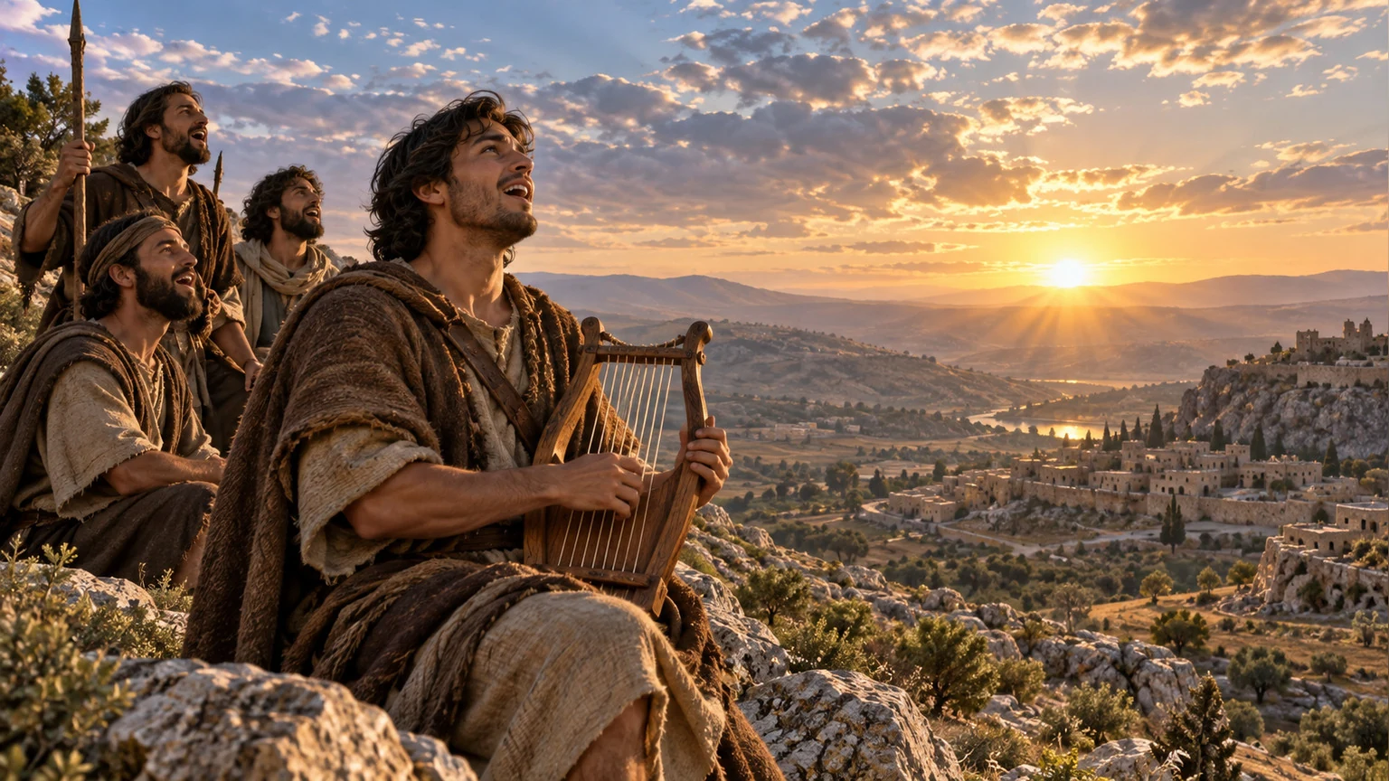 David and companions sing as dawn spreads over distant lands.