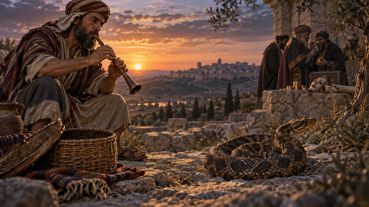 A venomous snake turns from a charmer.