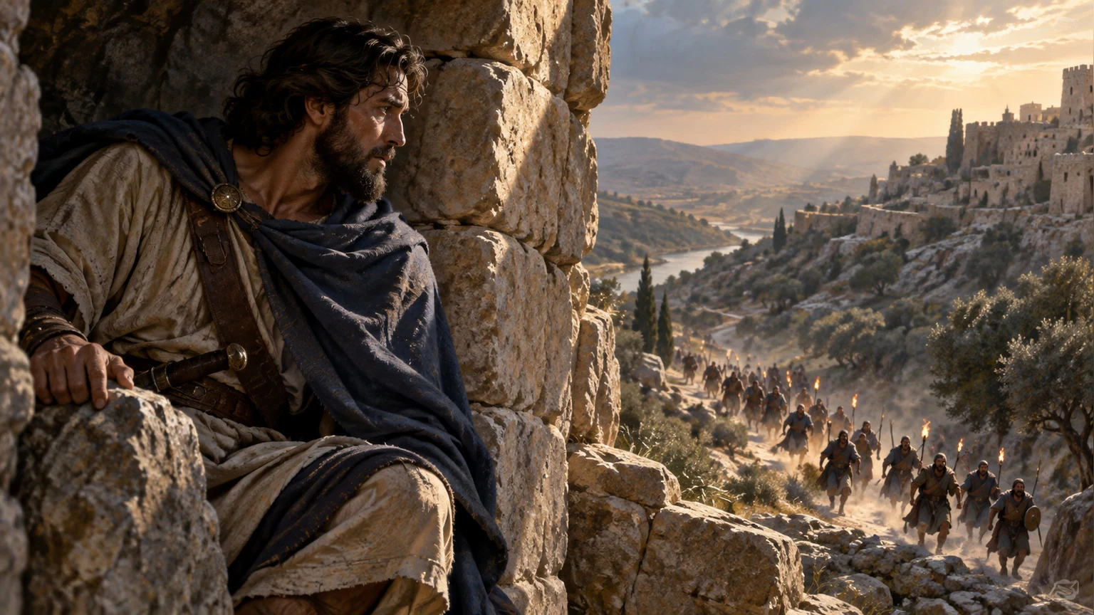 David watches from the safety of a stone refuge.