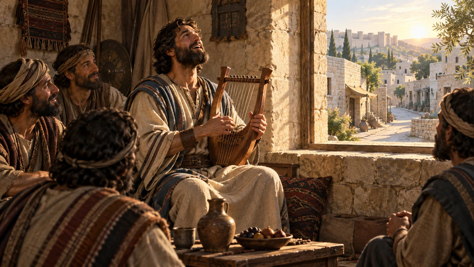David sings at dawn inside the quiet house.