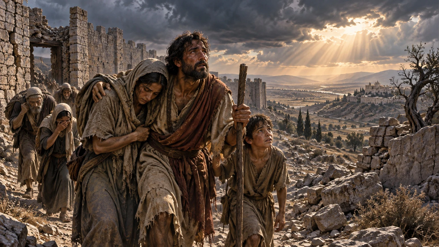 Exhausted people stand in a fractured landscape.