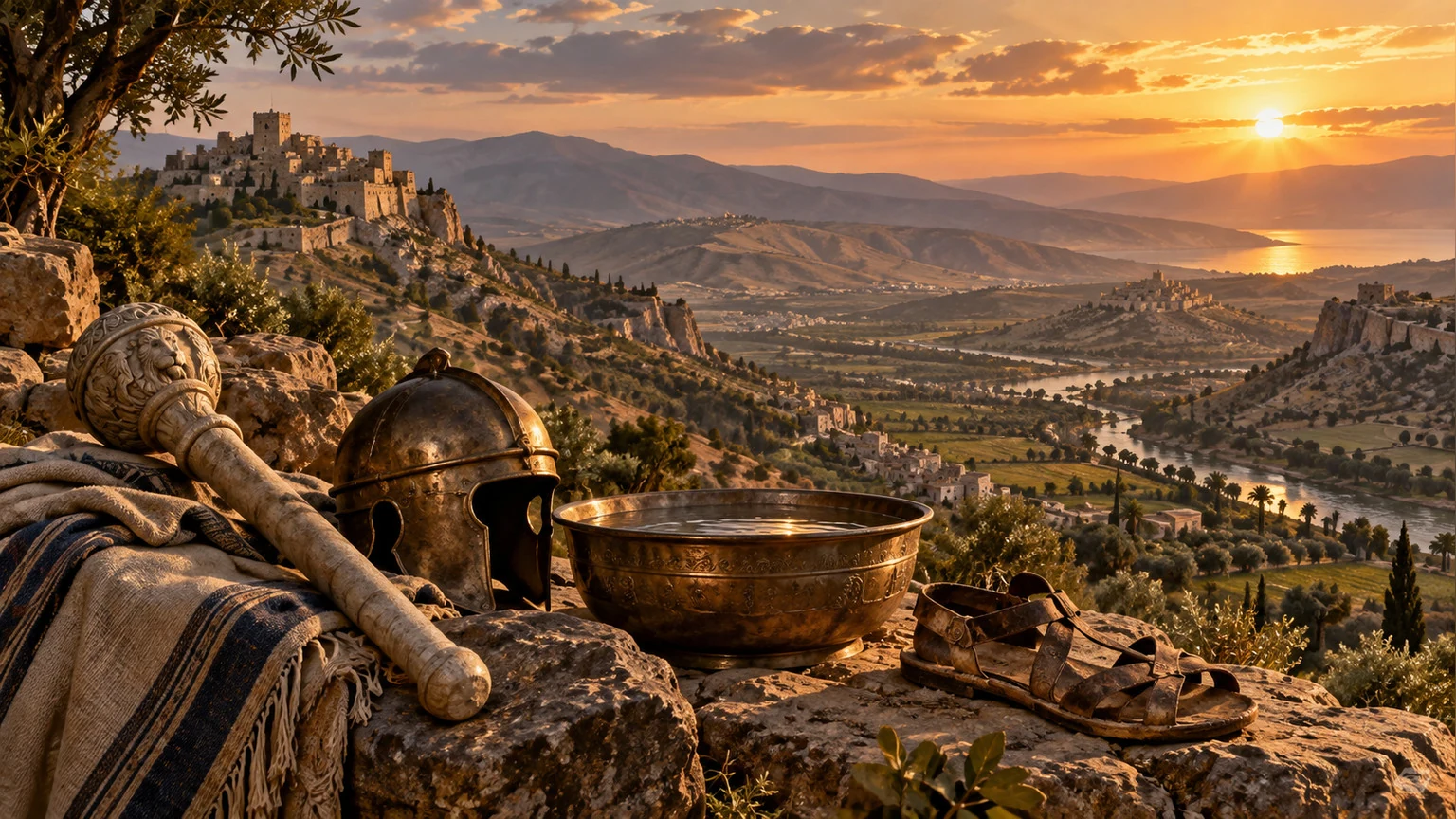 Territorial symbols overlook hills and valleys.