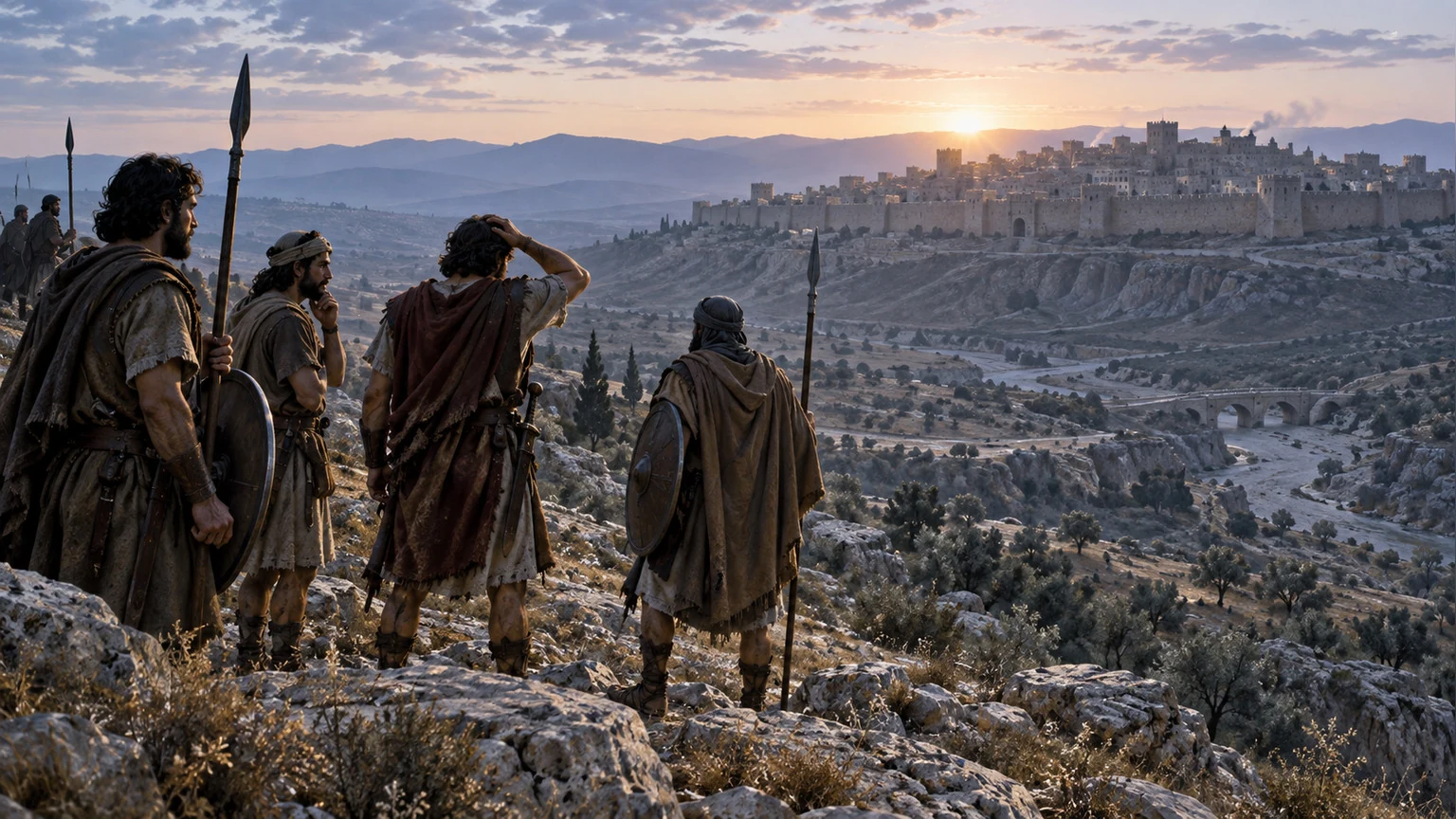 Soldiers face a distant fortified city.