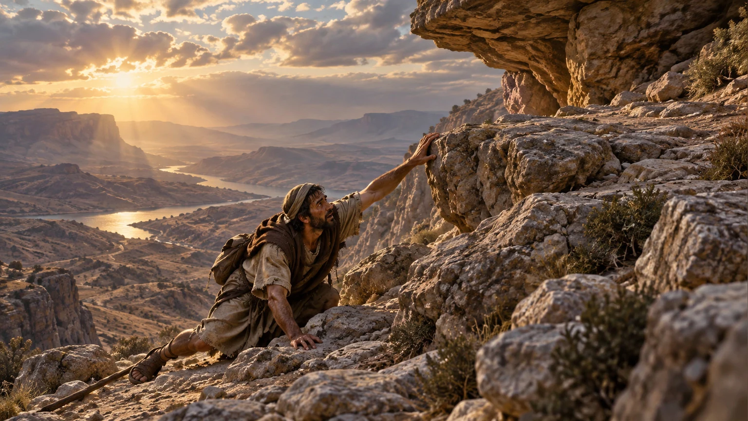A traveler reaches toward a high sheltering ledge.