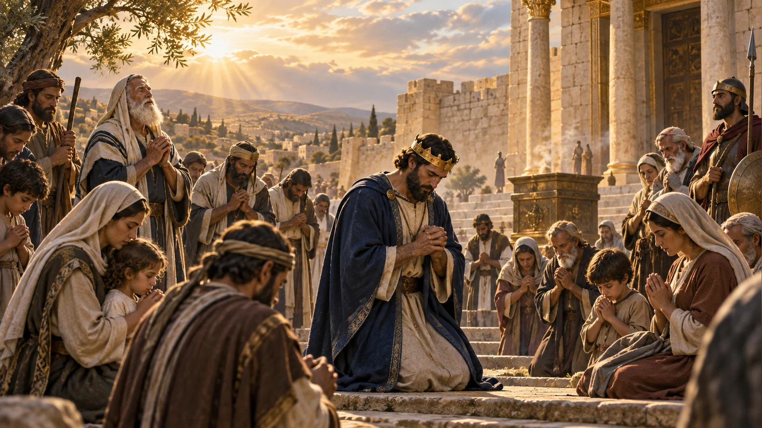 A community prays for its king near a sanctuary.