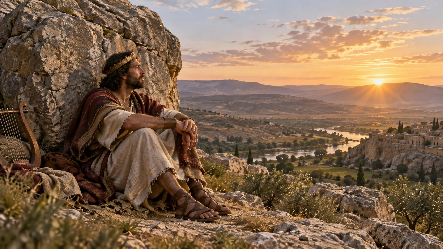 A solitary figure rests quietly beside a massive rock.