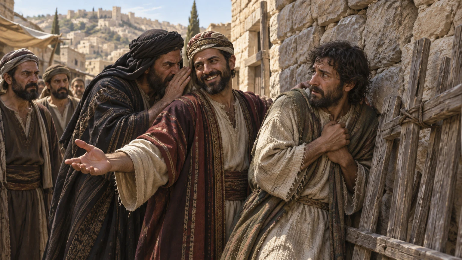 Attackers press toward a leaning wall while speaking falsely.