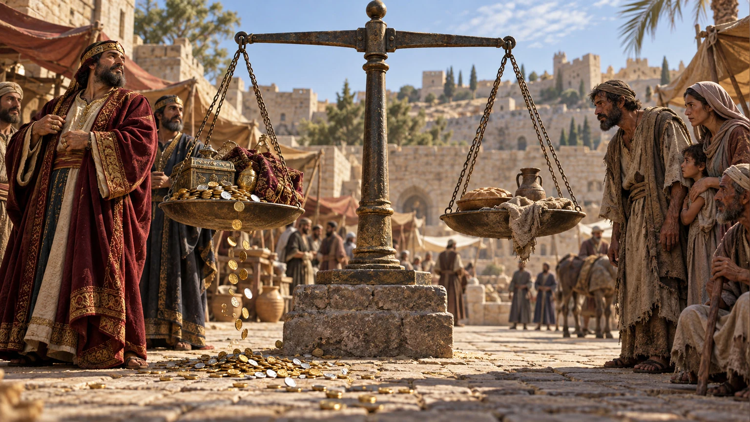 Rich and poor stand beside a market scale.