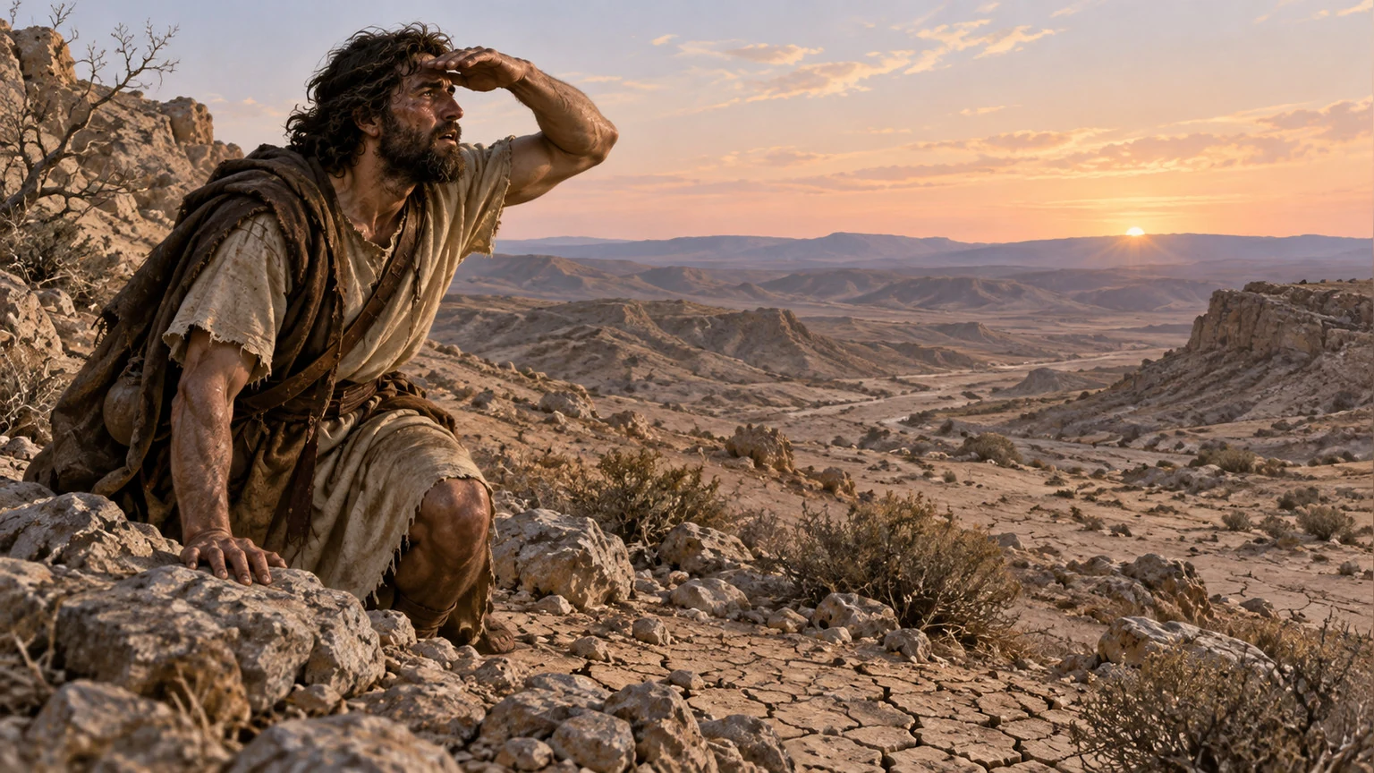 David searches a dry wilderness at dawn.