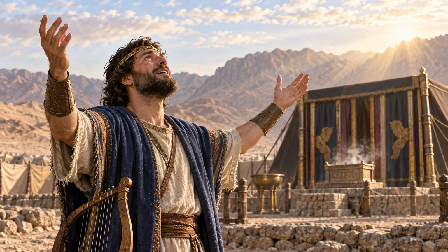 David raises his hands near the sanctuary.
