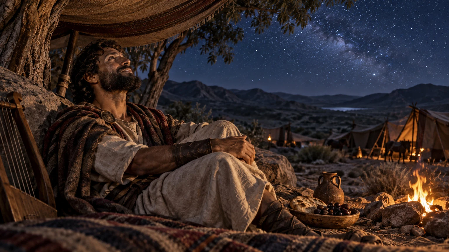 David meditates beneath sheltering shade at night.