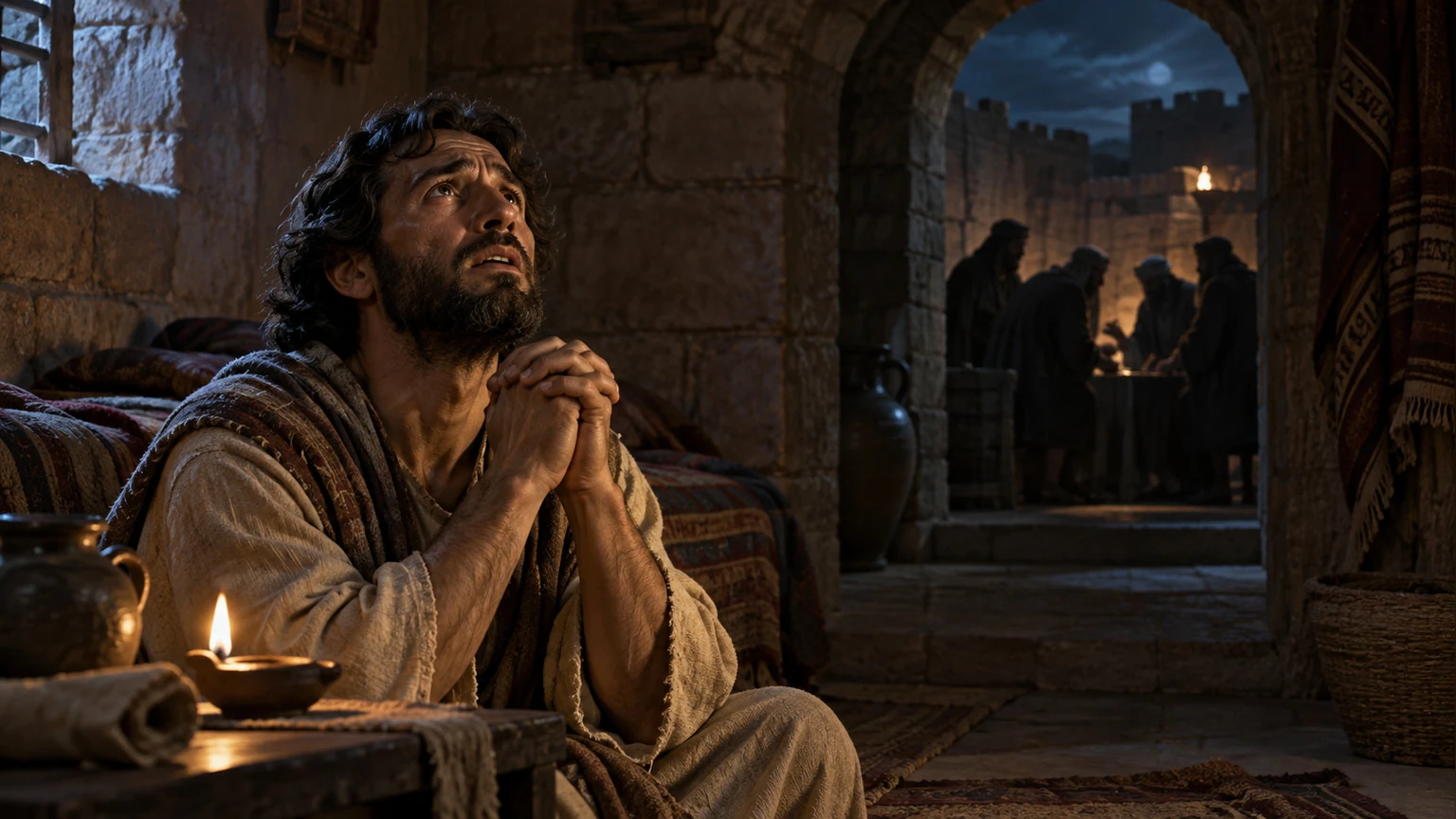 A petitioner prays while a hidden council gathers beyond.