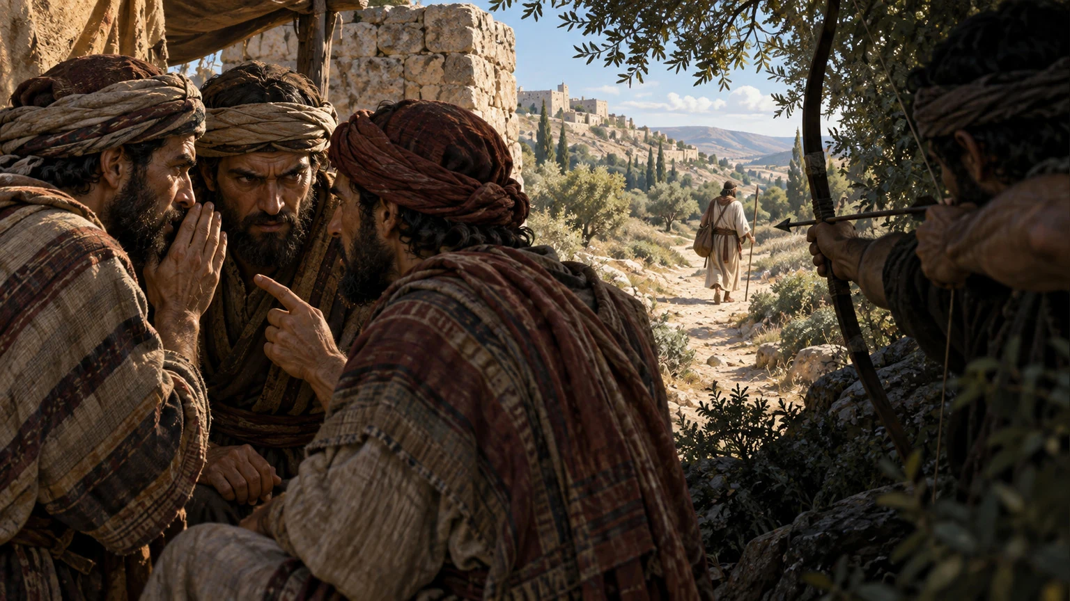 Whispering conspirators and a concealed archer share the frame.
