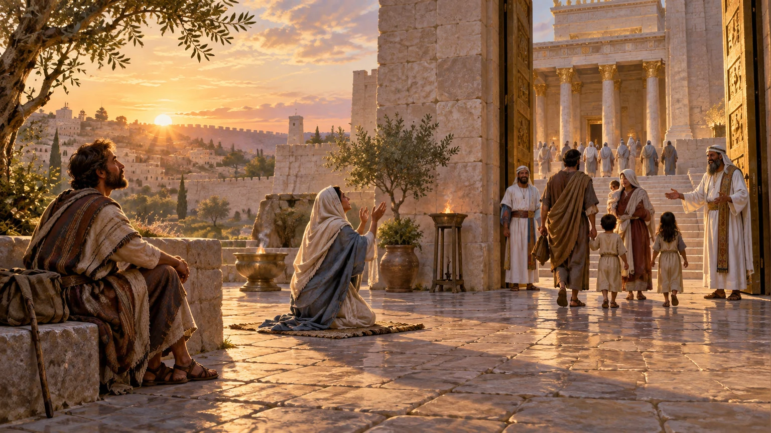 Worshippers pray and gather in a quiet sanctuary court.