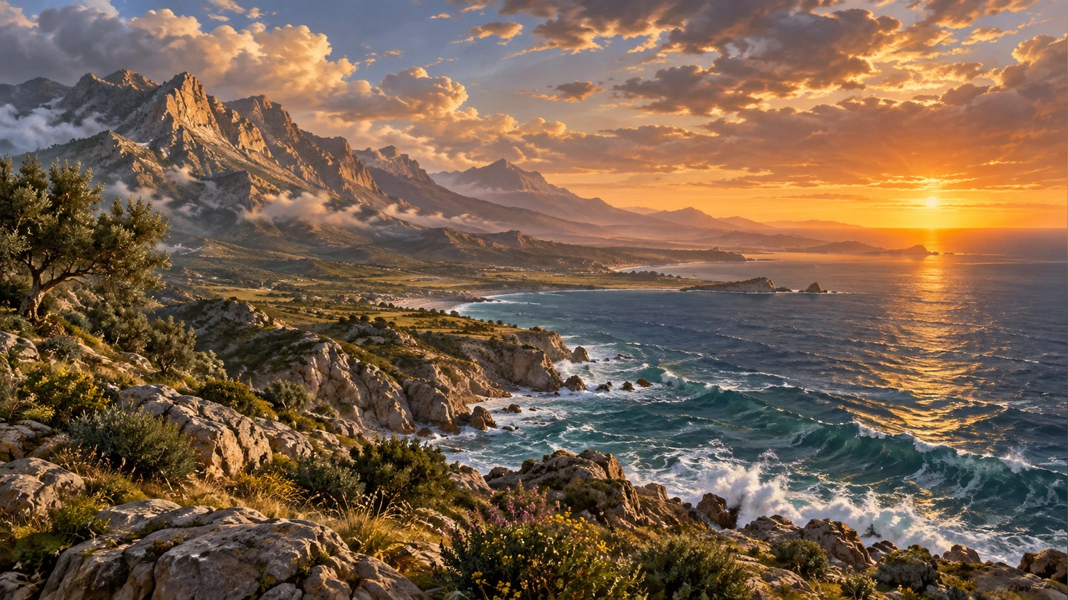Mountains rise above a sea settling at dawn.