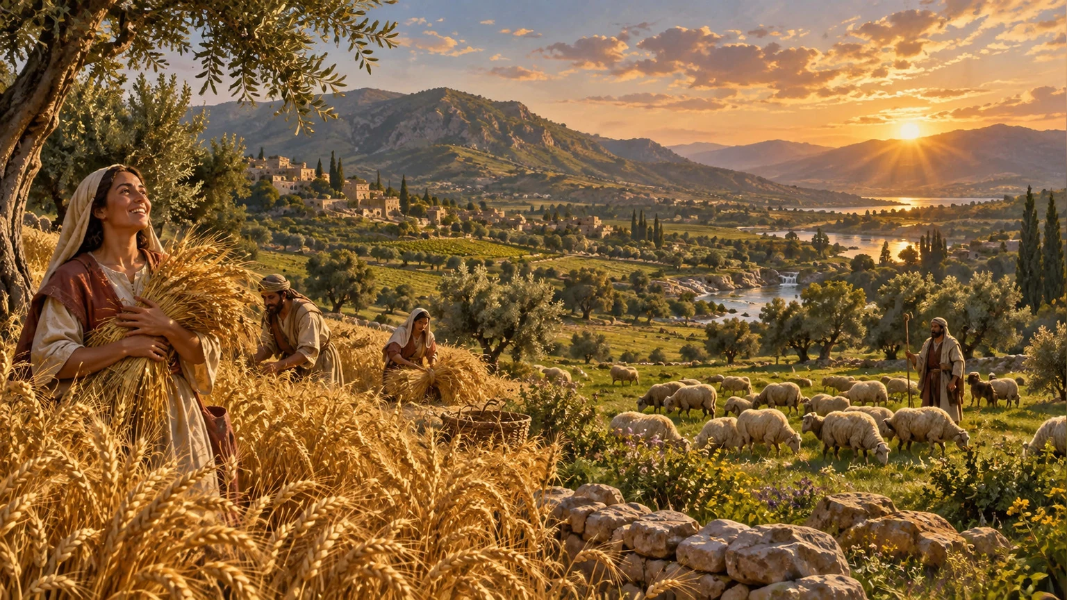 Flocks graze beside grain-filled valleys.