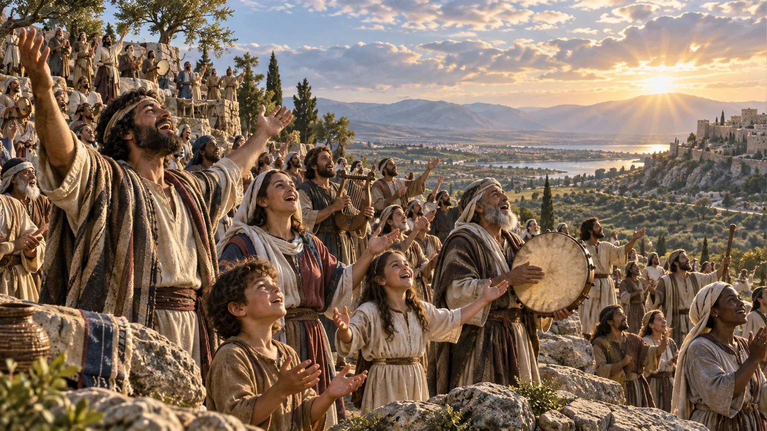 A broad assembly sings praise on a hillside.