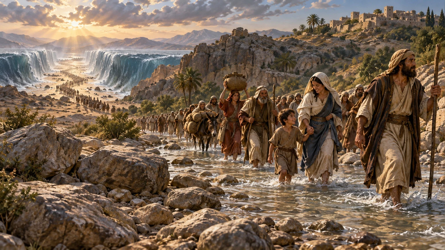 A community crosses a river with a remembered sea passage beyond.