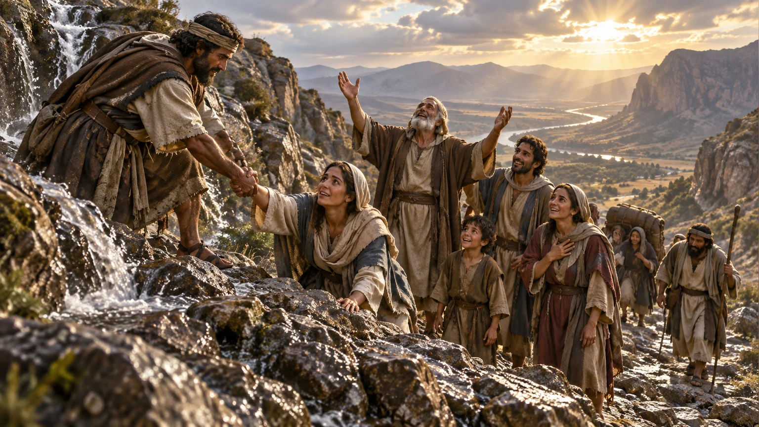Travelers help one another over a rocky path.