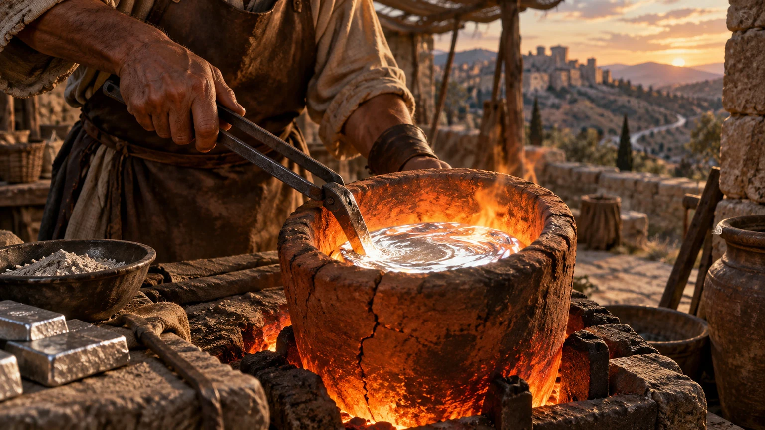 Silver glows in an ancient refining vessel.