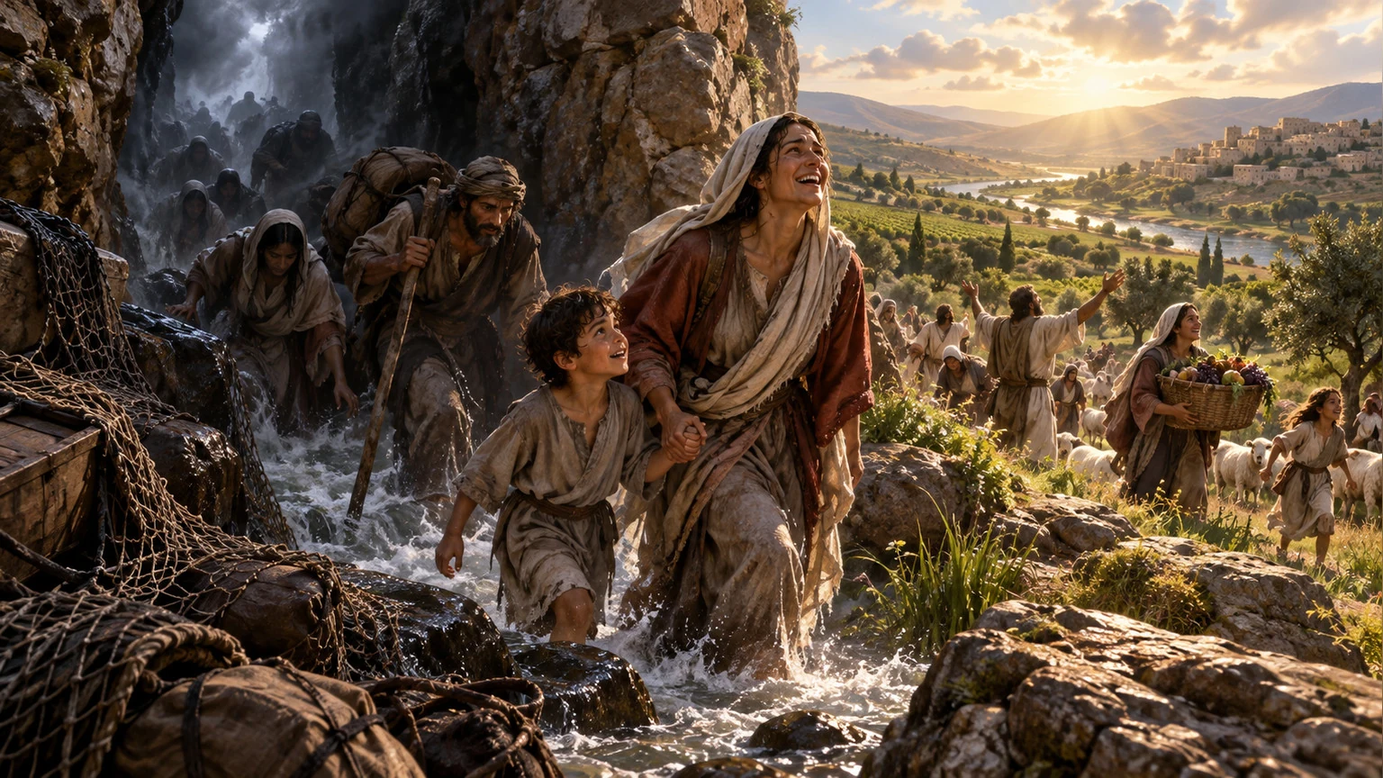A burdened people emerge into an abundant valley.