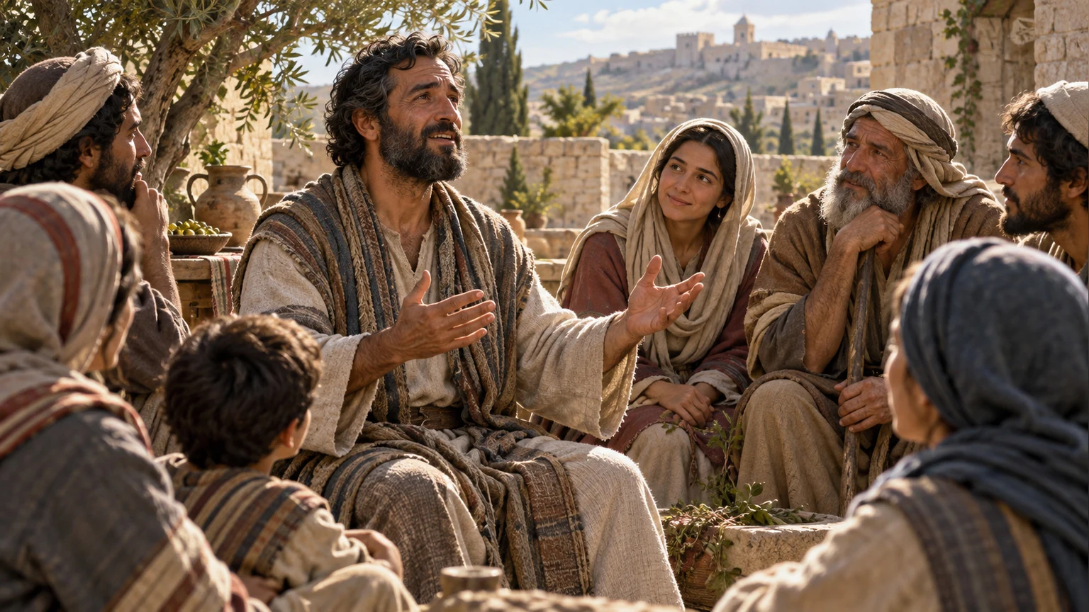 A speaker tells attentive listeners of answered prayer.