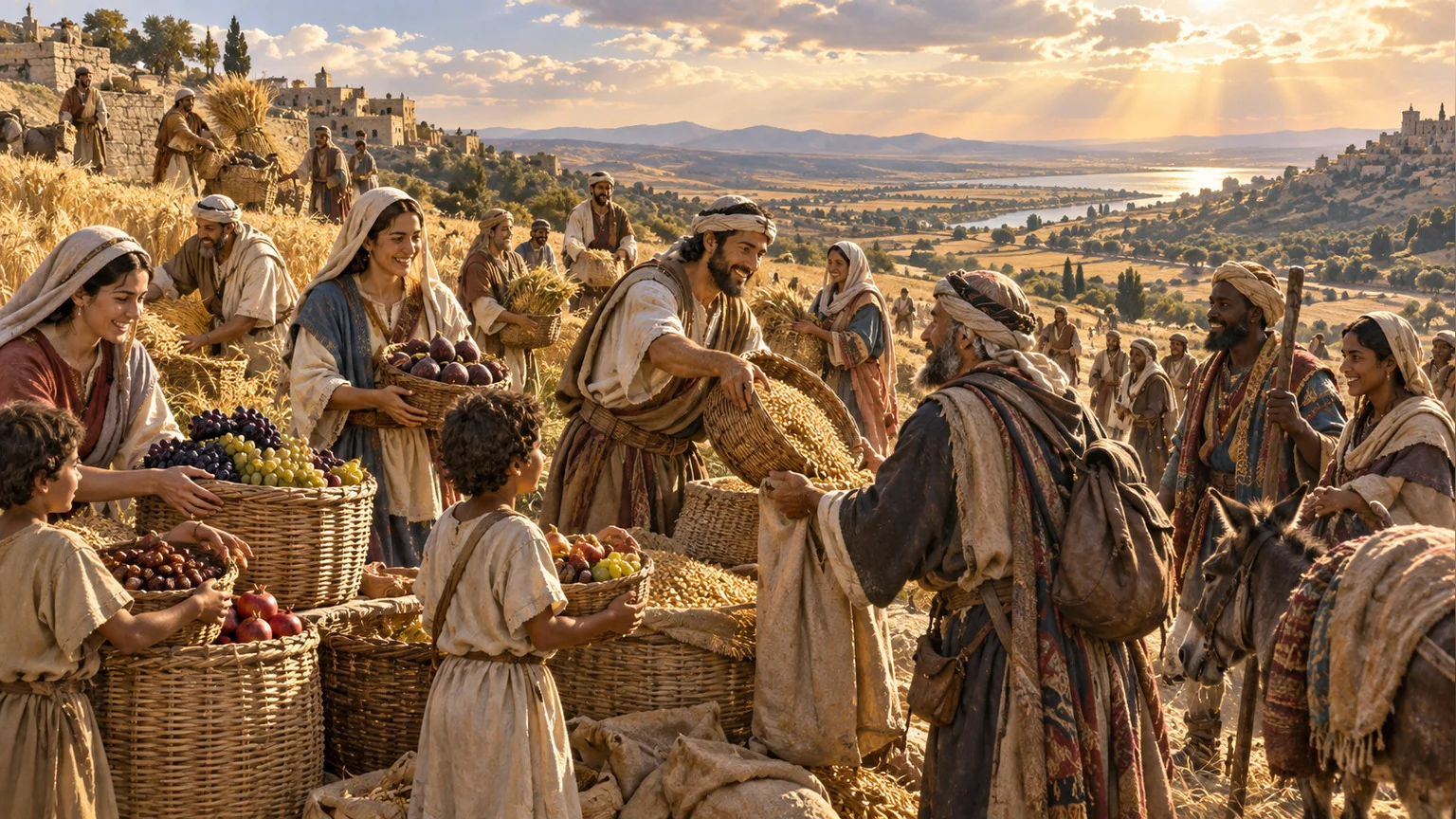 Families and travelers share the harvest.
