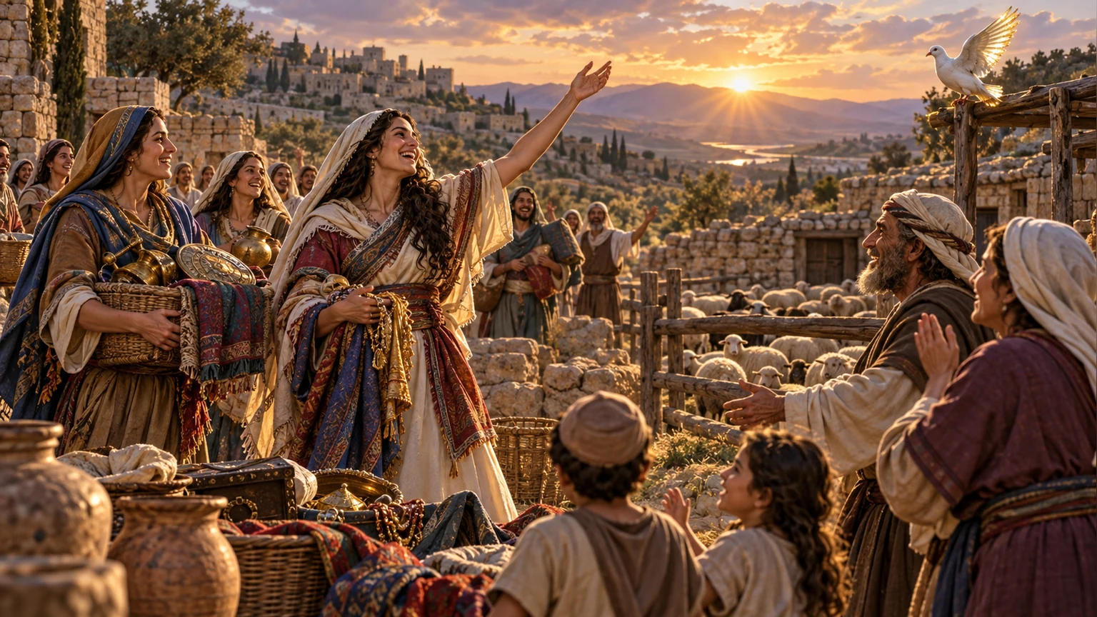 Women announce victory as a dove gleams near the sheepfold.