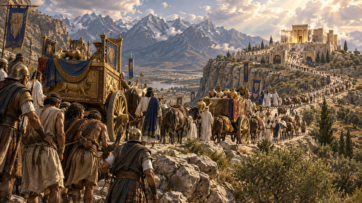 A vast chariot procession climbs between mountains.