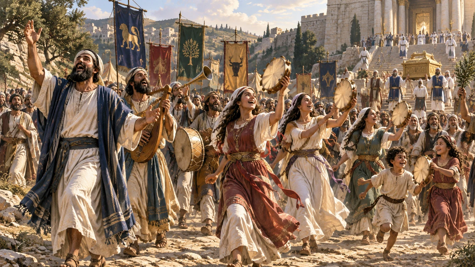 Singers and musicians lead a sanctuary procession.