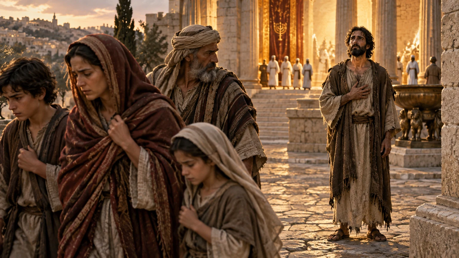 Family turns away from a worshiper near the sanctuary.