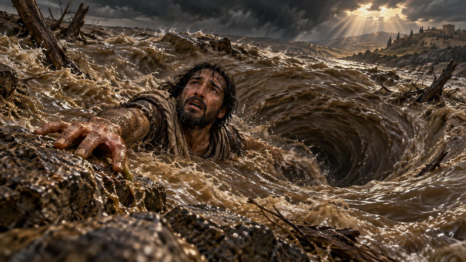 The petitioner reaches for ground beside a deep whirlpool.