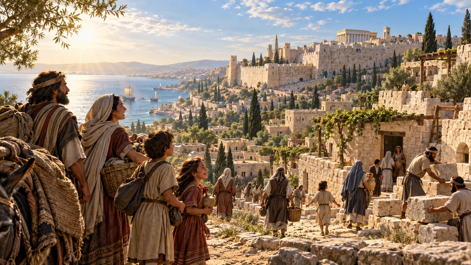 Families settle near rebuilt cities by sea and land.