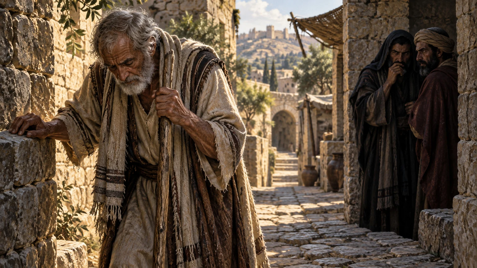 An elderly man with a staff sees hostile observers confer.