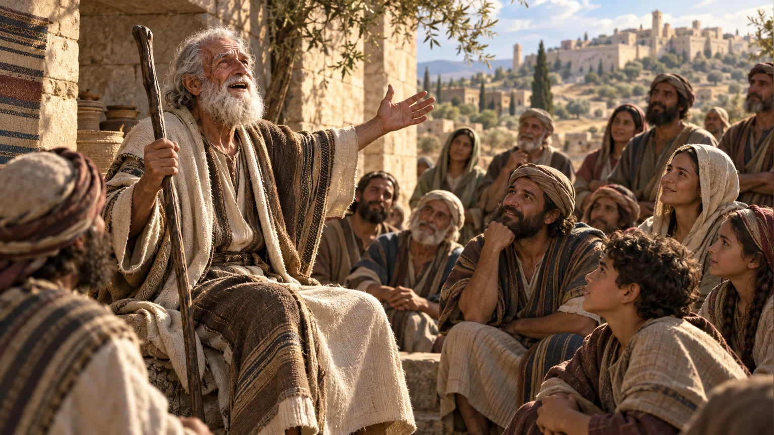 The elder tells a gathered community of deliverance.